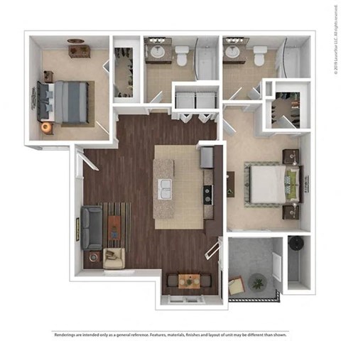 Floor plan for 2 beds, 2 baths, 1053 sqft